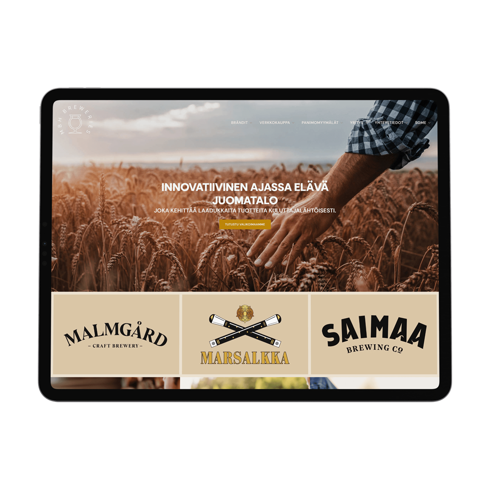 MBH Breweries – Innovatiivisen juomatalon brändiuudistuksen ja verkkopalvelun suunnittelu ja toteutus kotisivut mockup