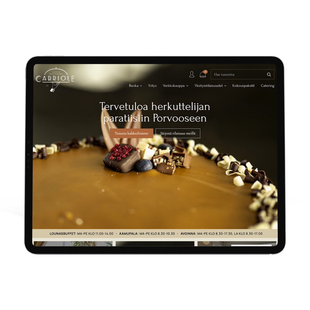 Café &amp; Restaurant Cabriole – Herkullinen brändiuudistus ja verkkopalvelu kotisivut mockup