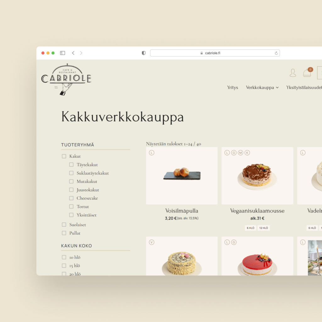 Café &amp; Restaurant Cabriole – Herkullinen brändiuudistus ja verkkopalvelu kotisivut mockup
